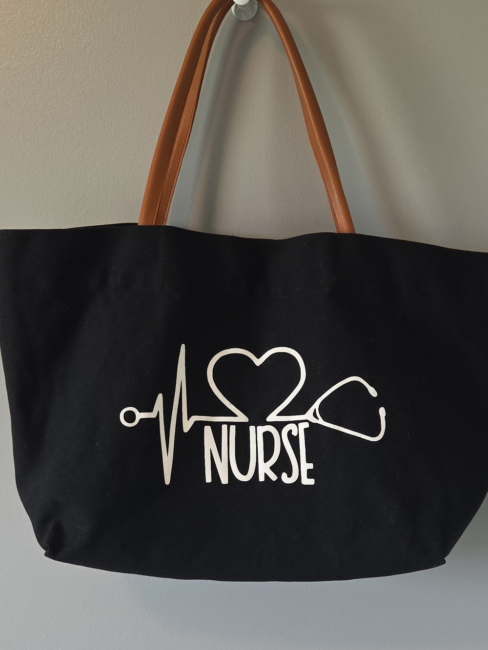 Black Nurse Heartbeat Canvas Tote Bag with Brown Faux Leather Handles